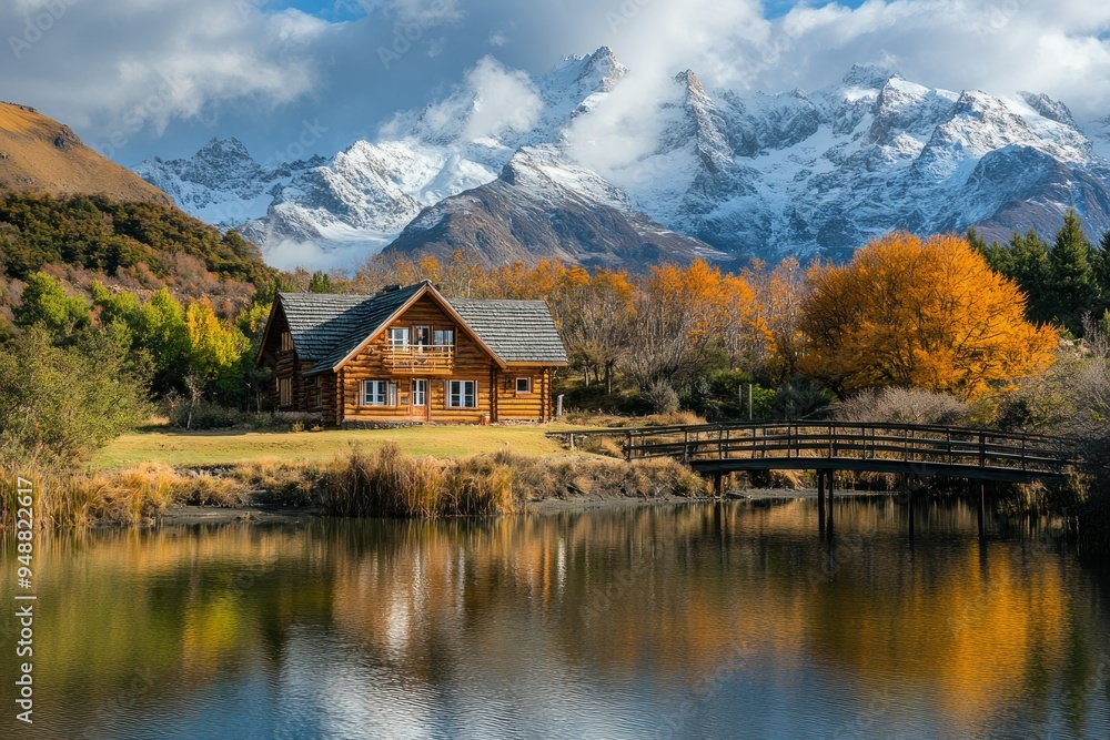 Fototapeta premium Wooden Cabin Nestled in Autumnal Valley with Snowy Mountain Range