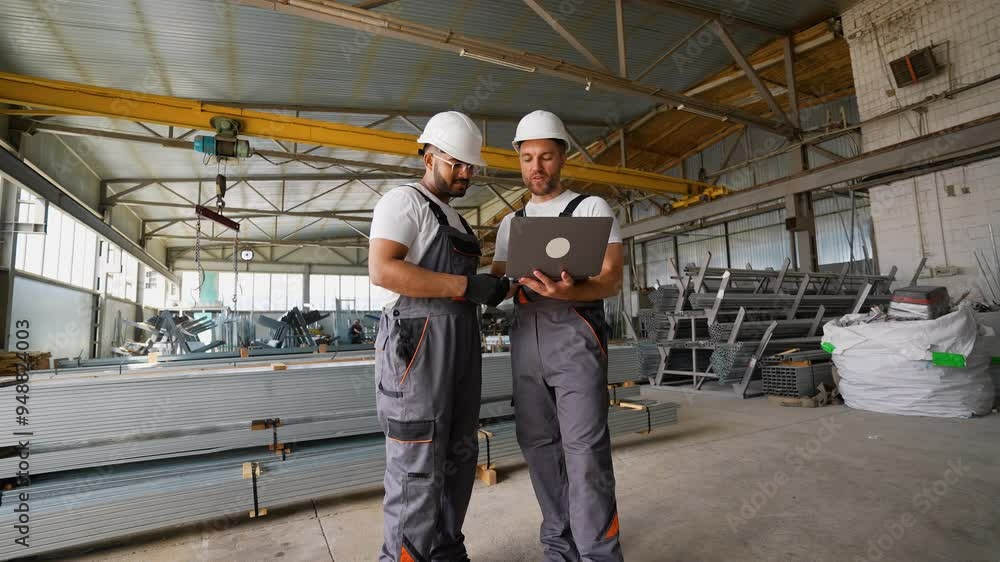Caucasian foreman and Indian worker with laptop in warehouse metal profile Caucasian foreman and Indian worker with laptop in warehouse metal profile