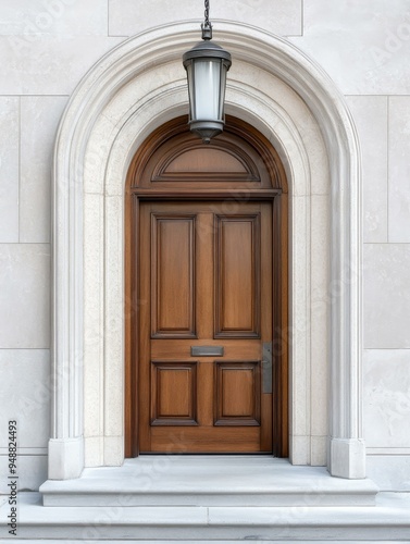 A beautiful, classic front door with an arched entryway and a hanging lantern. The door is made of rich, dark wood and has a simple, elegant design. The entryway is framed by white stone and provides 