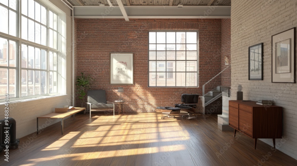 Modern loft living room with brick walls, large windows, and wooden floor. Modern loft living room with brick walls, large windows, and wooden floor.