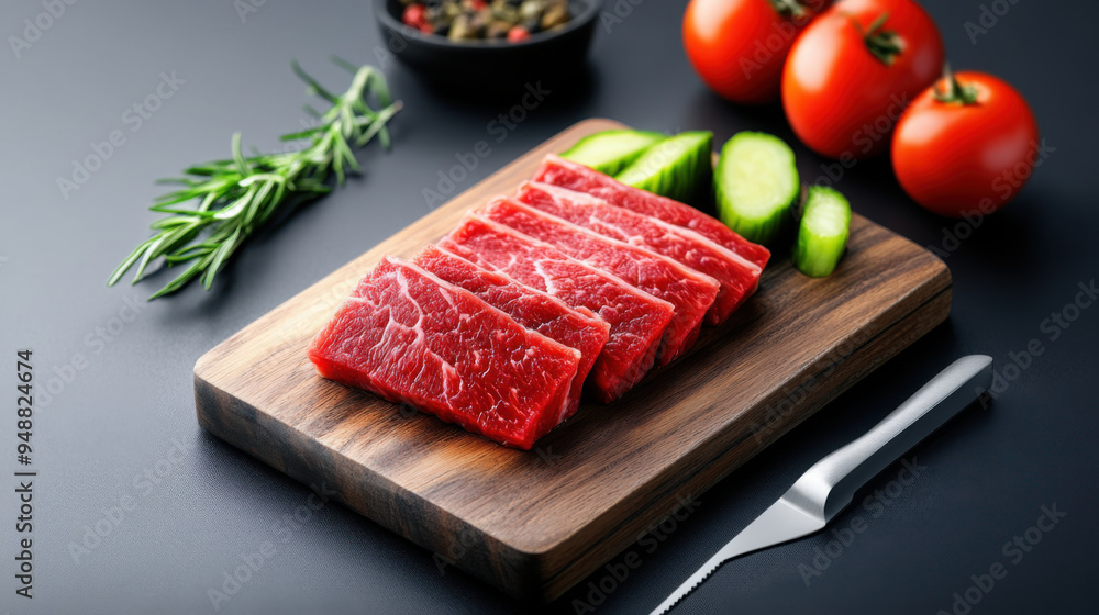 Sliced raw beef on a wooden cutting board with fresh tomatoes, cucumbers, rosemary, and peppercorns, ideal for meal preparation. Sliced raw beef on a wooden cutting board with fresh tomatoes, cucumbers, rosemary, and peppercorns, ideal for meal preparation.