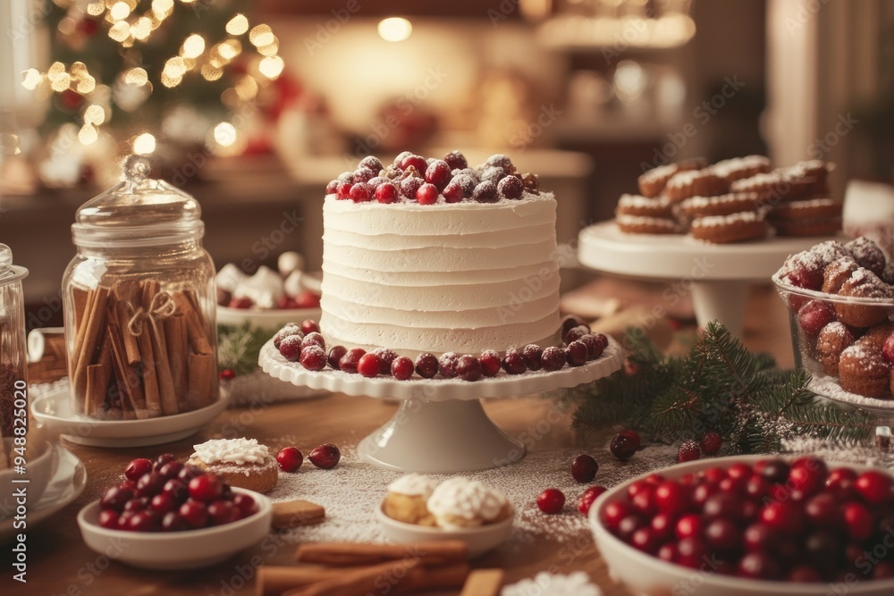 White Cake with Cranberries and Powdered Sugar on a Festive Table White Cake with Cranberries and Powdered Sugar on a Festive Table