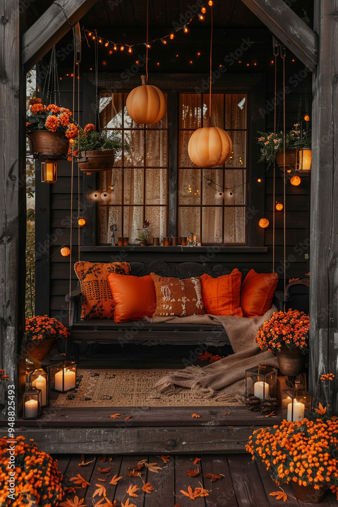 Naklejka premium Halloween, home decor and table setting for the mystical holiday Halloween, Halloween greeting banner 