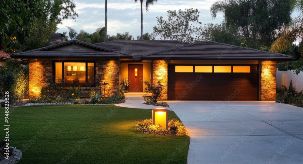 Garage Door California. Suburban House with Front Lawn in Residential Area Garage Door California. Suburban House with Front Lawn in Residential Area