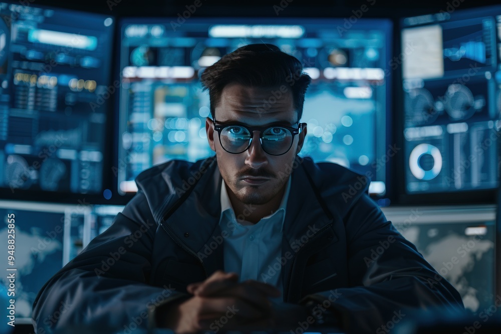 A man wearing glasses is sitting in front of a computer monitor, generative ai image A man wearing glasses is sitting in front of a computer monitor, generative ai image