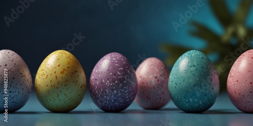 Easter Eggs in a Row on a Blue Background. photo