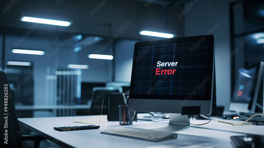 Server error message on desk computer screen Server error message on desk computer screen
