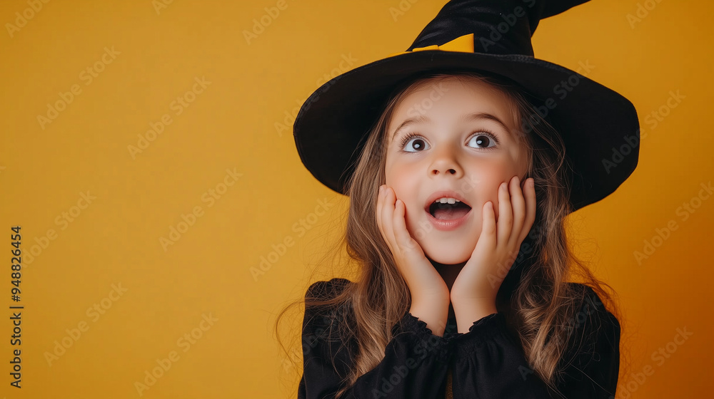 Cute Little Girl in Black Witch Halloween Costume with Wizard Hat on Bright Orange Background Cute Little Girl in Black Witch Halloween Costume with Wizard Hat on Bright Orange Background