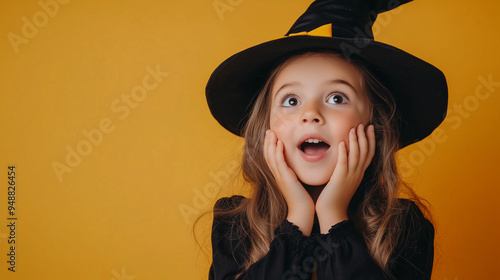 Cute Little Girl in Black Witch Halloween Costume with Wizard Hat on Bright Orange Background