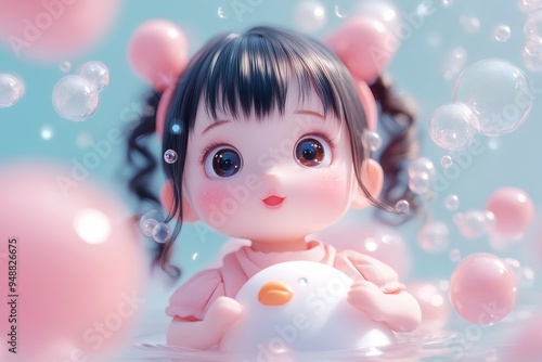 Cute doll in a bath with bubbles and a light blue background.