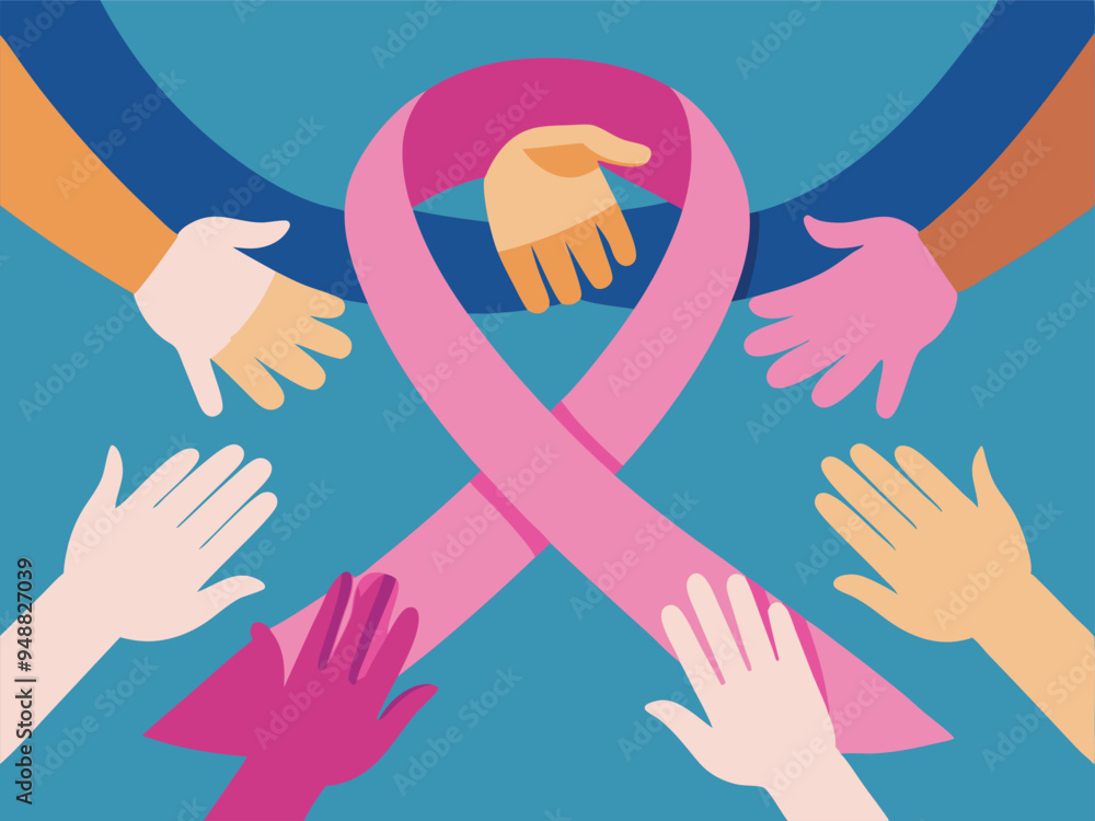 Obraz premium Multiple hands of different sizes and genders coming together to form a pink ribbon