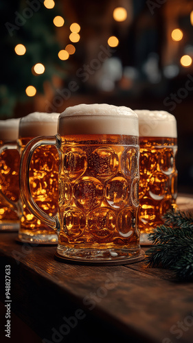 Beer Mugs and Foamy Beer with Lights