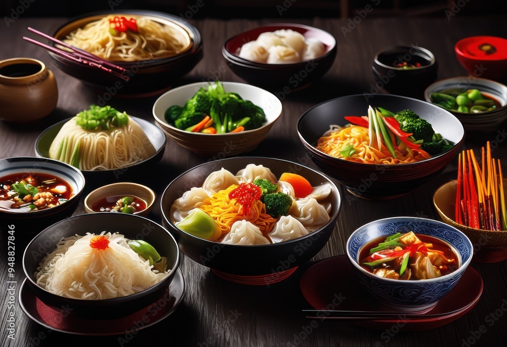colorful display diverse chinese cuisine featuring stir fried rice sauces eye catching arrangement, appetizers, aromatic, asian, banquet, bowls, culinary colorful display diverse chinese cuisine featuring stir fried rice sauces eye catching arrangement, appetizers, aromatic, asian, banquet, bowls, culinary