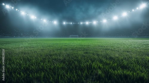 A green grass field in a football stadium with floodlights in the background. Green grass field at night in a football stadium.