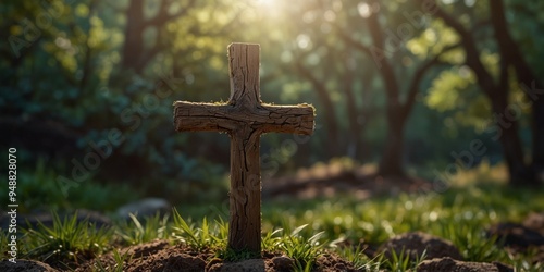 Empty cross in the background nature He is risen Christian Easter concept Happy Easter. photo