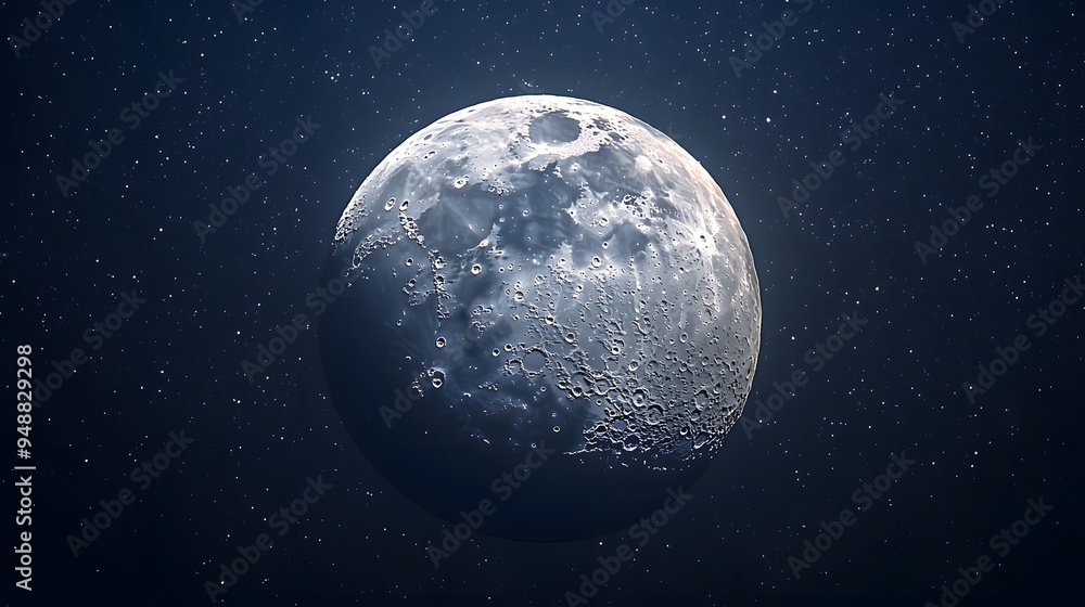 Fototapeta premium A wide-angle lens photographing the moon in a serene and calm atmosphere, highlighting the detailed surface