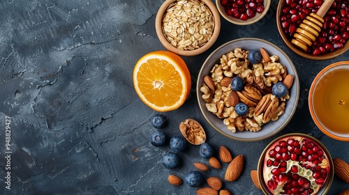 Ingredients for a healthy breakfast, nuts, oatmeal, honey, berries, fruits, blueberry, orange, pomegranate seeds, almonds, walnuts. The concept of natural organic food in season. Top view 