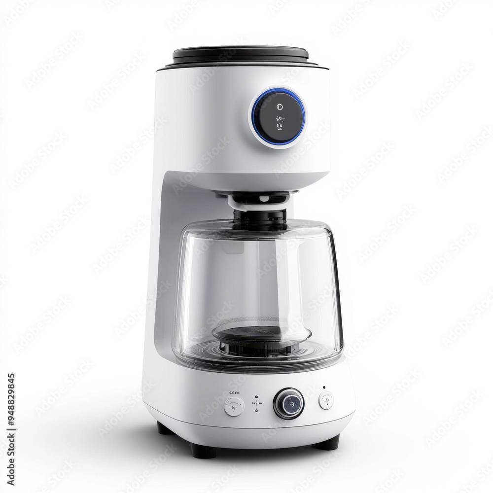 A modern white coffee maker with a sleek, minimalist design, featuring a glass carafe and intuitive controls. A modern white coffee maker with a sleek, minimalist design, featuring a glass carafe and intuitive controls.