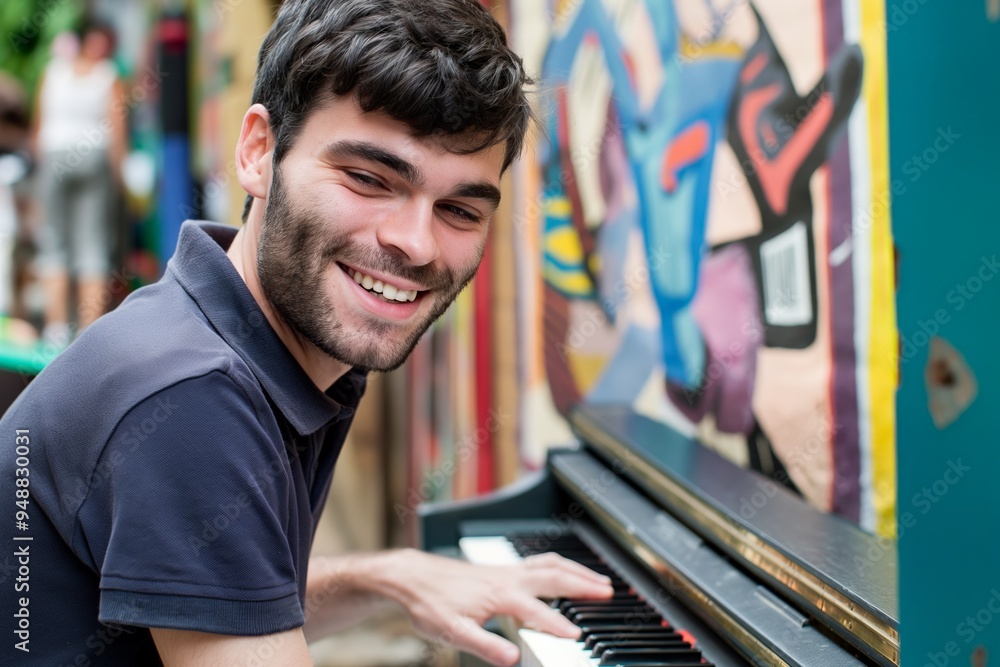 Smiling man sitting at a piano with colorful graffiti wall in the background, casually dressed
Smiling man sitting at a piano with colorful graffiti wall in the background, casually dressed
