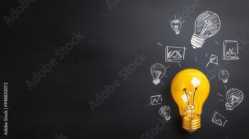 Hand Drawing Business Icons and Light Bulb on Blackboard for Creative Thinking and Marketing Planning