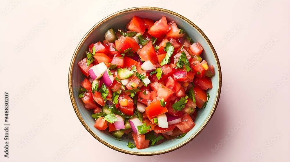 A vibrant bowl of fresh salsa featuring diced tomatoes, onions, cilantro, and peppers, placed on a light solid color background A vibrant bowl of fresh salsa featuring diced tomatoes, onions, cilantro, and peppers, placed on a light solid color background