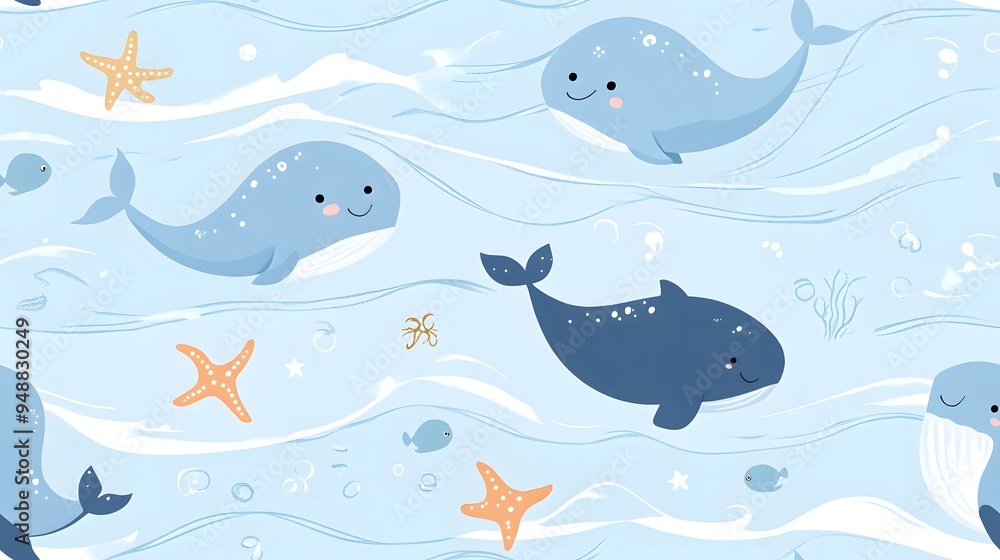 Seamless wallpaper featuring cute ocean creatures like whales, dolphins, and starfish on a light blue Seamless wallpaper featuring cute ocean creatures like whales, dolphins, and starfish on a light blue