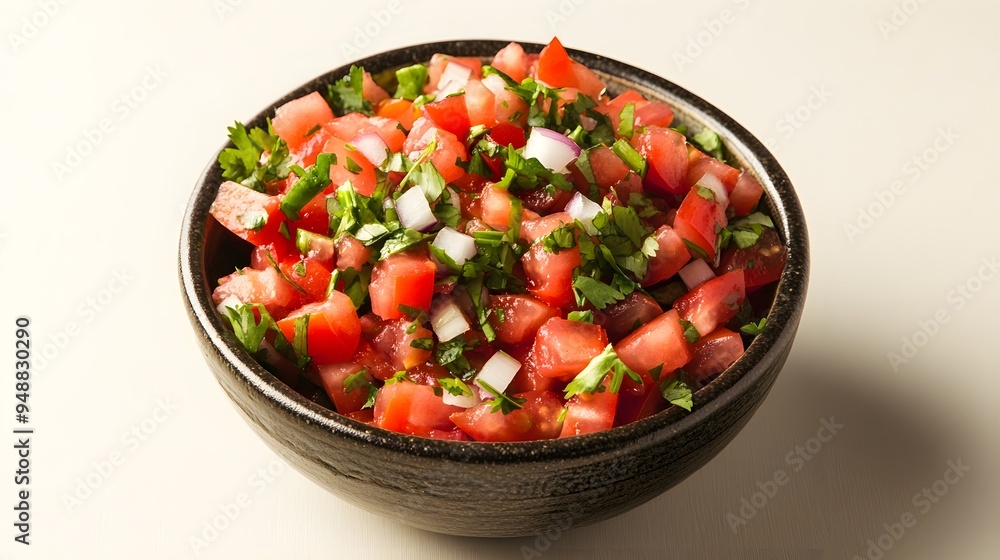 A vibrant bowl of fresh salsa featuring diced tomatoes, onions, cilantro, and peppers, placed on a light solid color background A vibrant bowl of fresh salsa featuring diced tomatoes, onions, cilantro, and peppers, placed on a light solid color background