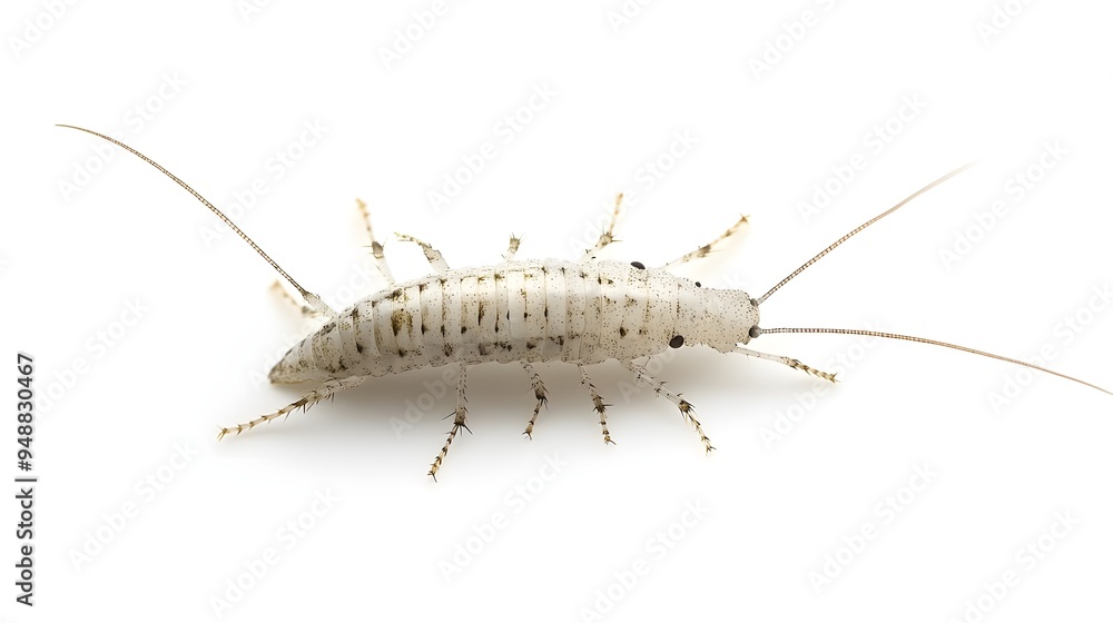 Silverfish insect on a pure white background -. A close-up image of a silverfish insect on a white background, showcasing its elongated body and delicate antennae. Silverfish insect on a pure white background -. A close-up image of a silverfish insect on a white background, showcasing its elongated body and delicate antennae.