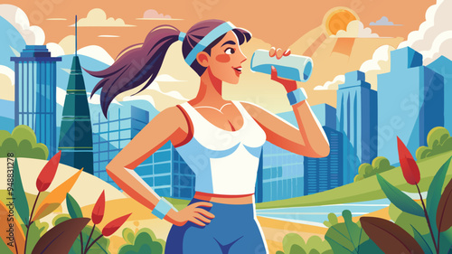 Female athlete staying hydrated while doing outdoor exercise by drinking water from a bottle on a sunny day