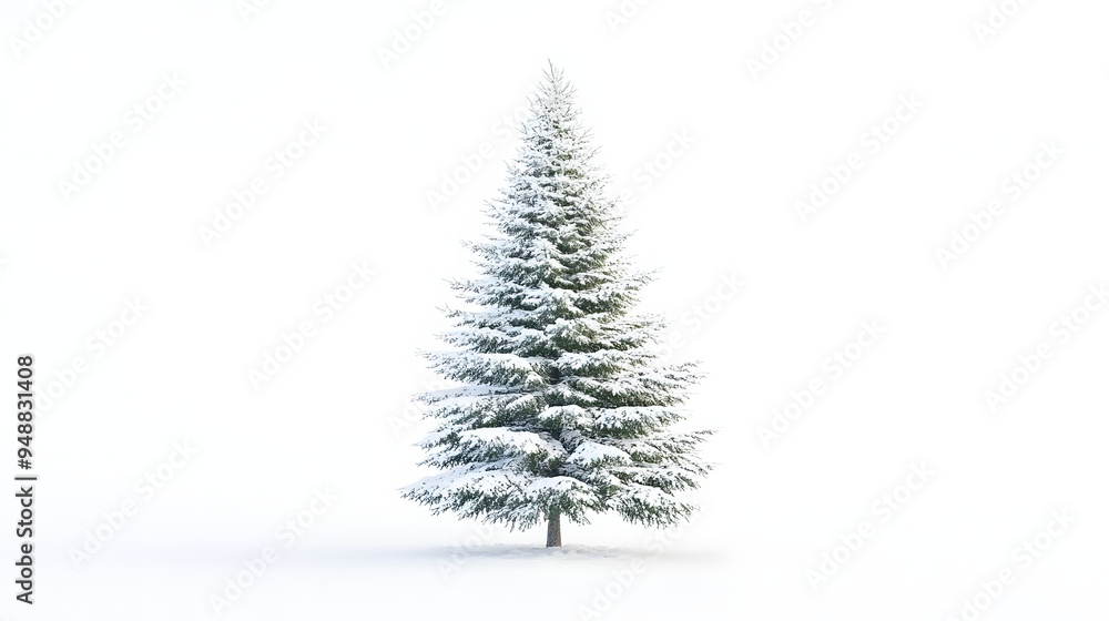 Spruce tree on a white background. A solitary snow-covered evergreen tree stands against a minimalist white background, evoking a sense of winter tranquility and peace. Spruce tree on a white background. A solitary snow-covered evergreen tree stands against a minimalist white background, evoking a sense of winter tranquility and peace.