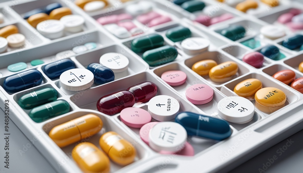An arrangement of pharmaceutical tablets in a pill organizer, with compartments clearly labeled, illustrating the methodical approach to medication management, Generative AI An arrangement of pharmaceutical tablets in a pill organizer, with compartments clearly labeled, illustrating the methodical approach to medication management, Generative AI