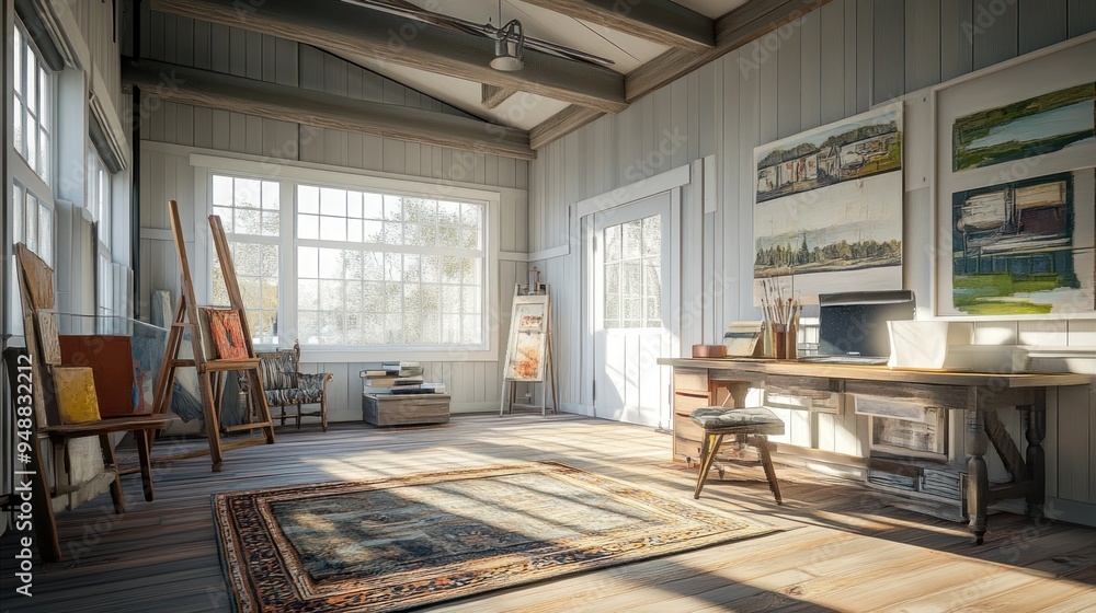 Fototapeta premium Sunbeams illuminate a rustic art studio with an easel, paintings, and a wooden desk.
