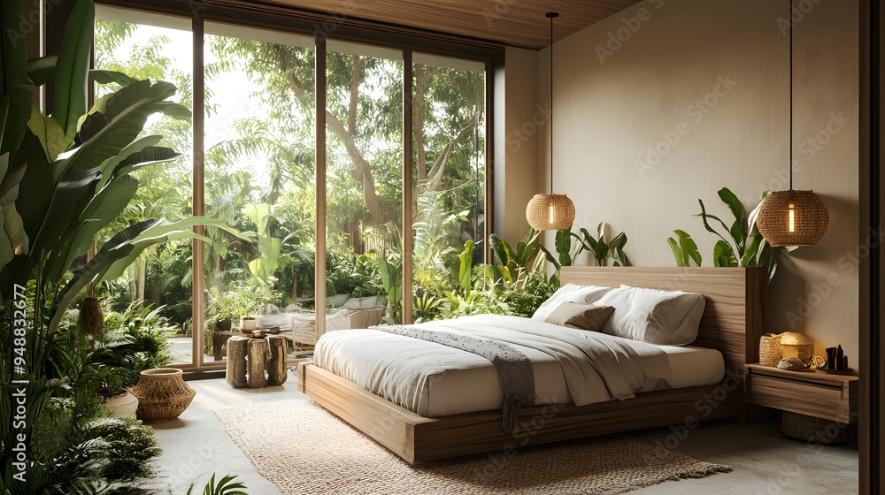 stylish bedroom with a lush. Stylish bedroom with a lush plant-filled corner, wooden bed frame, organic cotton textiles, and large windows that invite stylish bedroom with a lush. Stylish bedroom with a lush plant-filled corner, wooden bed frame, organic cotton textiles, and large windows that invite