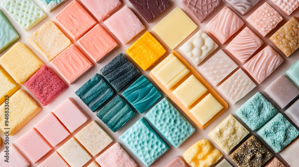 A close-up of colorful handmade soap bars arranged neatly on a light solid color background, showcasing their unique textures and designs A close-up of colorful handmade soap bars arranged neatly on a light solid color background, showcasing their unique textures and designs