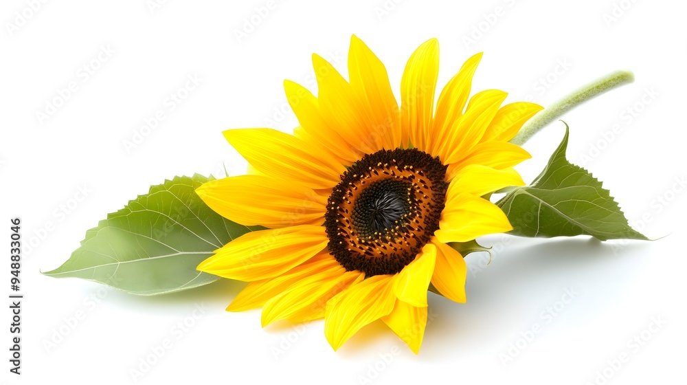 Obraz premium Sunflower floweron a white background. A vibrant and fresh sunflower with green leaves, symbolizing beauty and positivity, on a clean white background. 