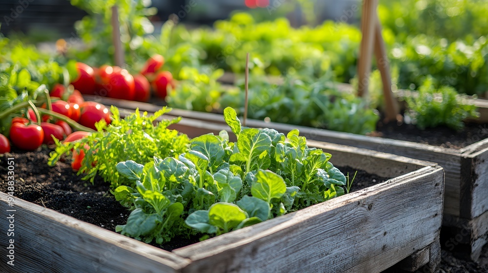 Sustainable agriculture. A vibrant community garden featuring fresh lettuce, tomatoes, and various greens in raised wooden beds, symbolizing healthy living and sustainability. Sustainable agriculture. A vibrant community garden featuring fresh lettuce, tomatoes, and various greens in raised wooden beds, symbolizing healthy living and sustainability.