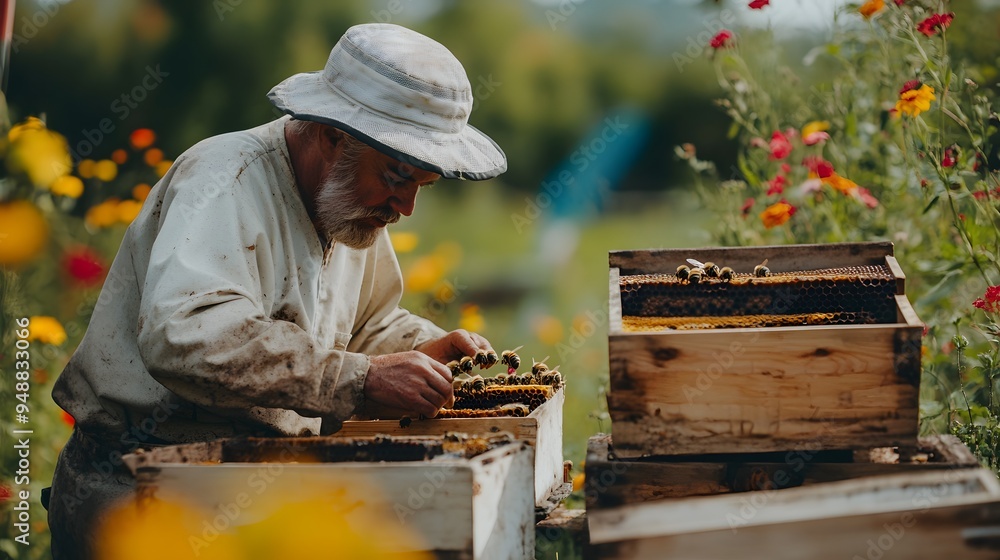 Sustainable farming. A beekeeper tending to hives amidst a vibrant floral landscape in a serene, natural setting. Sustainable farming. A beekeeper tending to hives amidst a vibrant floral landscape in a serene, natural setting.