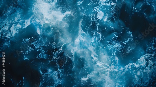 Abstract background blue sea water, white wave texture, top view
