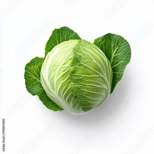 A top-down view of a whole green cabbage, emphasizing its natural texture and vibrant leaves on a white background.