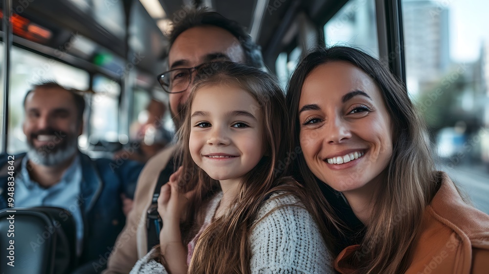 Fototapeta premium Sustainable living.. A joyful family candidly smiles together on a bus, capturing a moment of happiness and connection. 