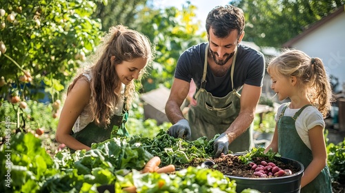 Wallpaper Mural Sustainable living.. A joyful family gardening together, harvesting fresh vegetables in a sunlit backyard.  Torontodigital.ca