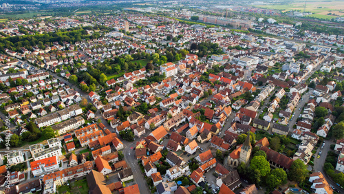 Aerial view around the old town of the city Kornwestheim on a sunny day in Germany.