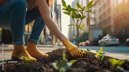 Sustainable living.. A woman in yellow gloves plants a young tree in an urban environment, symbolizing sustainable gardening and city landscaping. 