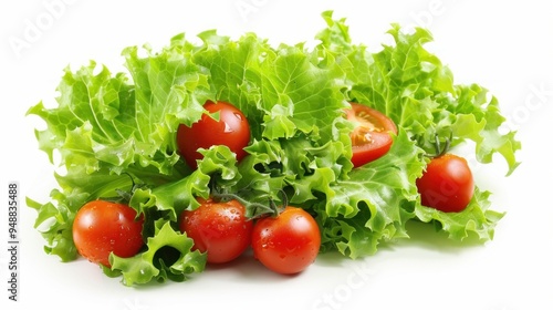 Green salad with tomato and fresh vegetables isolated on white background 2/29 image series 