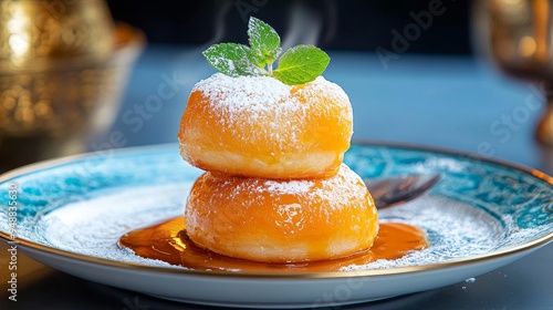 A delicious stack of Moroccan brewat pastries, dusted with powdered sugar and drizzled with caramel sauce. The pastries are arranged on a blue and white patterned plate, with a sprig of mint on top. T photo