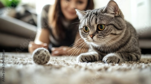woman playing with her cat on carpet in living room, pets owner relationship concept