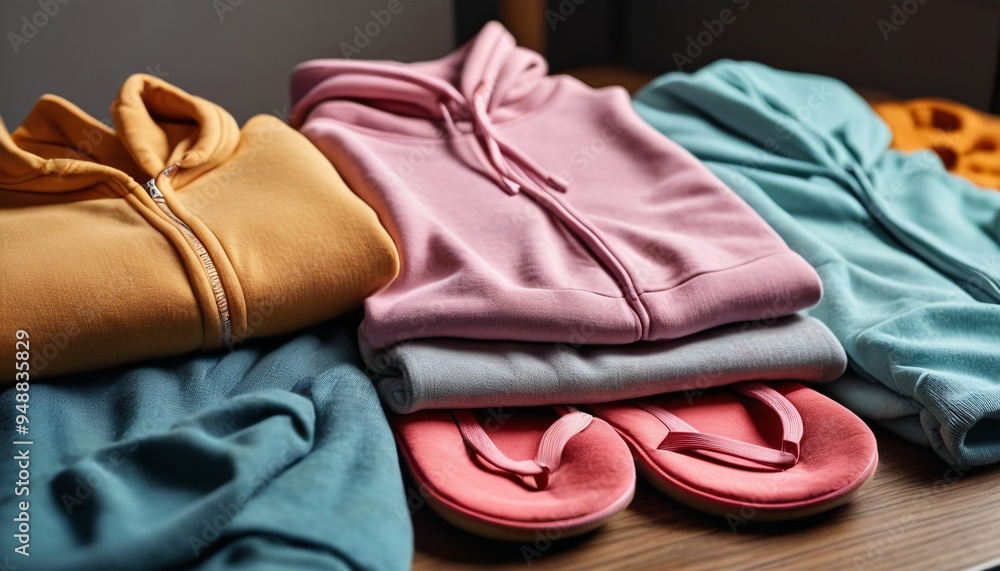 A set of cozy loungewear arranged on a table, including sweatpants, hoodies, and slippers, highlighting comfort and relaxation for home wear, Generative AI A set of cozy loungewear arranged on a table, including sweatpants, hoodies, and slippers, highlighting comfort and relaxation for home wear, Generative AI