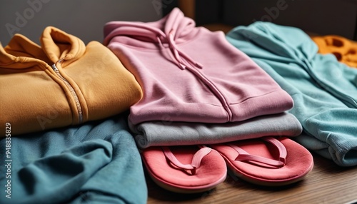 A set of cozy loungewear arranged on a table, including sweatpants, hoodies, and slippers, highlighting comfort and relaxation for home wear, Generative AI