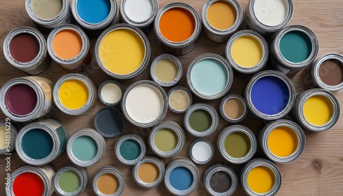 A flat lay of assorted paints and coatings on a table, with cans and swatches showcasing various colors and finishes for interior and exterior applications, Generative AI