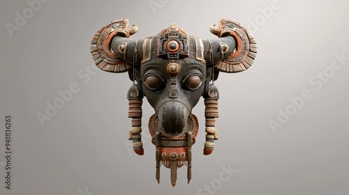 A detailed wooden sculpture of a tribal deity with horns, intricate carvings, and symbolic embellishments. The artwork showcases the rich cultural heritage and spiritual beliefs of ancient civilizatio photo